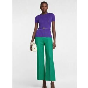 Valentino Knit Top Womens Large Purple Ribbed V-Belted Short Sleeve Italian